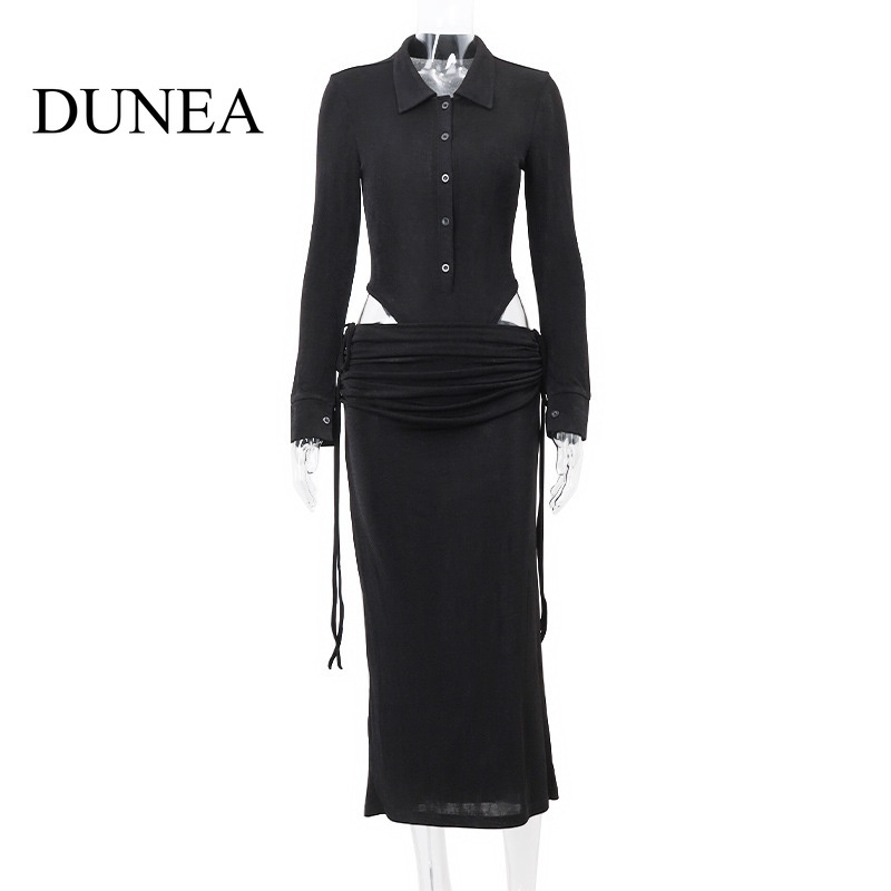 dunea-ชุดเสื้อแขนยาว-คอปก-แต่งกระดุมแถวเดียว-และกระโปรงพลีท-เซ็กซี่-สําหรับผู้หญิง