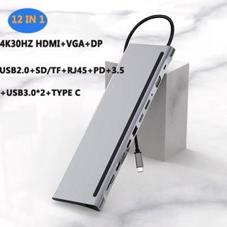 ฮับ USB-C 4K 12 in 1 Type-C เป็น USB 3.0*2 TF SD HDMI DP VGA RJ45 อลูมิเนียมอัลลอย PD HD อเนกประสงค์ สําหรับแล็ปท็อป