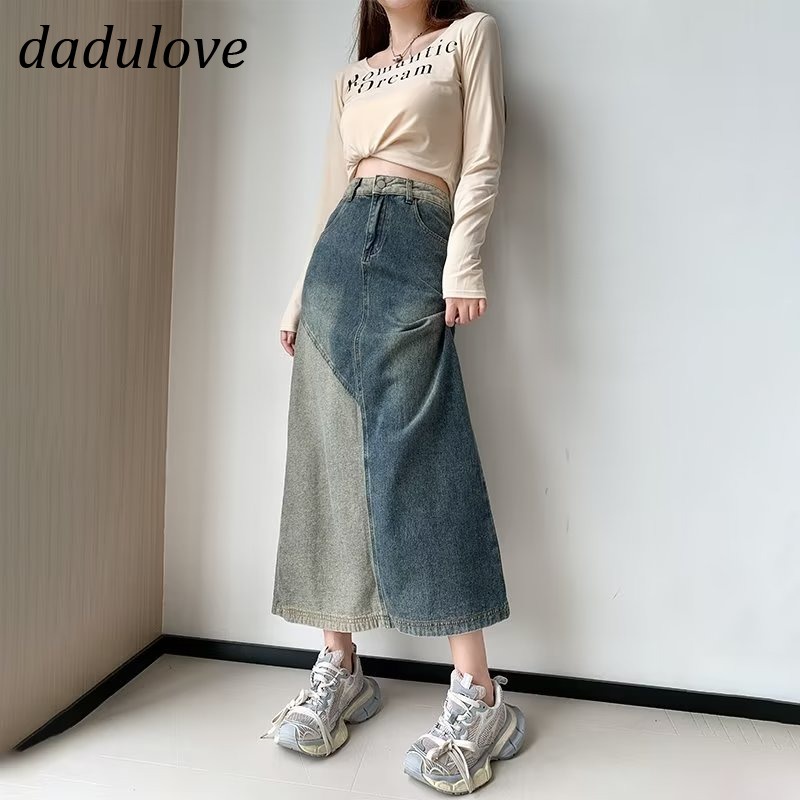 dadulove-new-american-ins-high-street-retro-stitching-denim-skirt-niche-high-waist-a-line-skirt-bag-hip-skirt