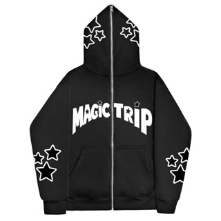 Magic TRIP เสื้อกันหนาว มีฮู้ด แต่งซิป พิมพ์ลายดาวน่ารัก สไตล์โกธิค ฮาราจูกุ แนวตลก ขนาดใหญ่ สําหรับผู้หญิง และผู้ชาย Y2k