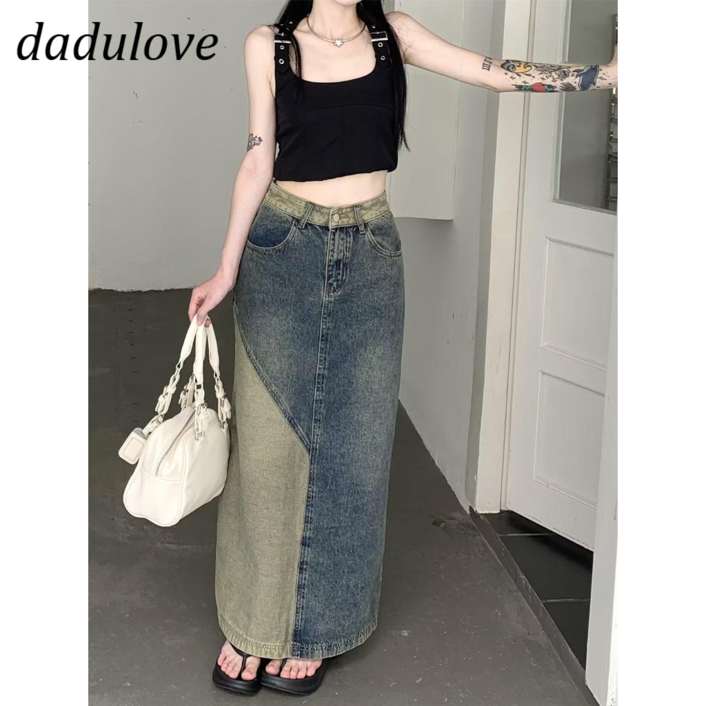 dadulove-new-american-ins-high-street-retro-stitching-jeans-niche-high-waist-a-line-skirt-large-size-bag-hip-skirt