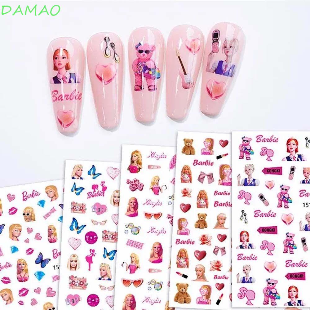 damao-สติกเกอร์ตกแต่งเล็บ-ลายการ์ตูนบาร์บี้-เด็กผู้หญิง-และหัวใจน่ารัก-diy