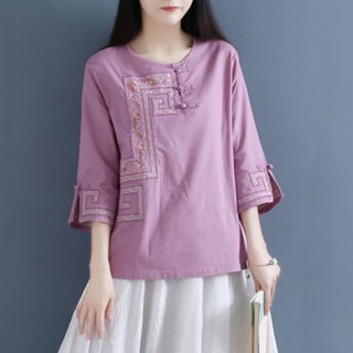 เสื้อเบลาส์ลําลอง ผ้าฝ้าย และผ้าลินิน คอกลม พิมพ์ลาย Blusa Mujer สไตล์วินเทจ แฟชั่นหรูหรา สําหรับวัยรุ่นผู้หญิง 2023