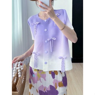 Miyake เสื้อคาร์ดิแกน แขนสั้น ประดับลูกปัด สามมิติ แฮนด์เมด เข้ากับทุกการแต่งกาย แฟชั่นฤดูร้อน