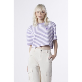 ESP เสื้อทีเชิ้ตเฟรนช์ชี่ลายทาง ผู้หญิง สีม่วงอ่อนตัดขาว | Frenchie Stripe Crop Tee Shirt (Oversized) | 06016
