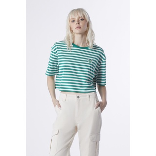 ESP เสื้อทีเชิ้ตเฟรนช์ชี่ลายทาง ผู้หญิง สีเขียวอ่อนตัดขาว | Frenchie Stripe Crop Tee Shirt (Oversized) | 06016