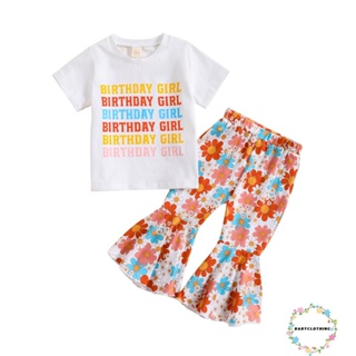 Babyclothes- ชุดเสื้อแขนสั้น คอกลม พิมพ์ลายตัวอักษร และกางเกงขาบาน ลายดอกไม้ แฟชั่นฤดูร้อน สําหรับเด็กผู้หญิง