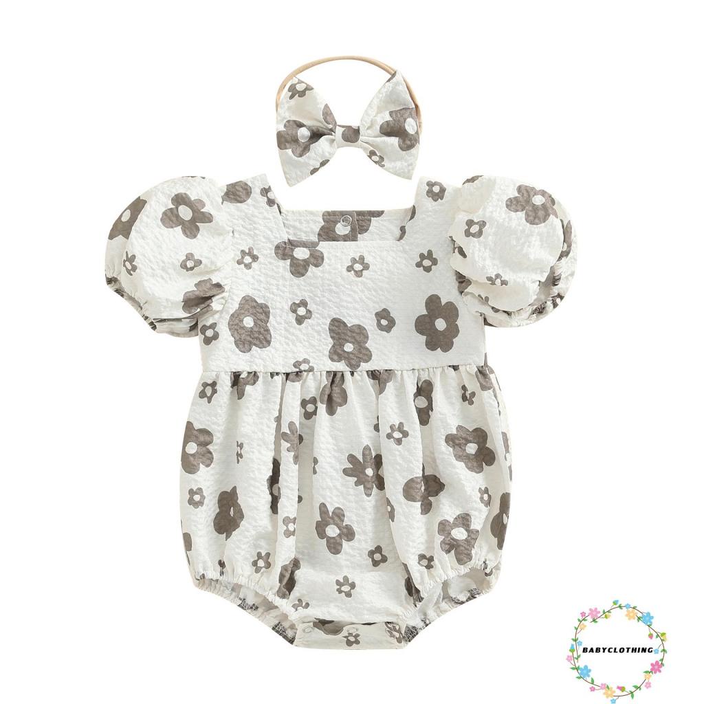 babyclothes-ชุดจั๊มสูทรอมเปอร์-แขนสั้น-แขนพัฟ-พิมพ์ลายดอกไม้-พร้อมที่คาดผม-สําหรับเด็กทารกแรกเกิดผู้หญิง