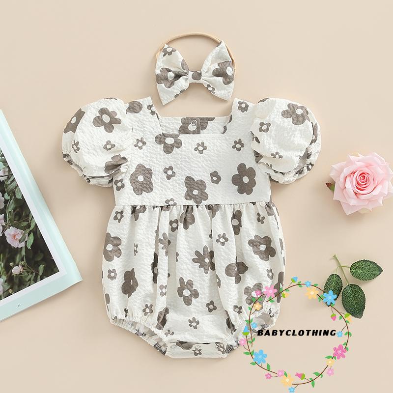 babyclothes-ชุดจั๊มสูทรอมเปอร์-แขนสั้น-แขนพัฟ-พิมพ์ลายดอกไม้-พร้อมที่คาดผม-สําหรับเด็กทารกแรกเกิดผู้หญิง