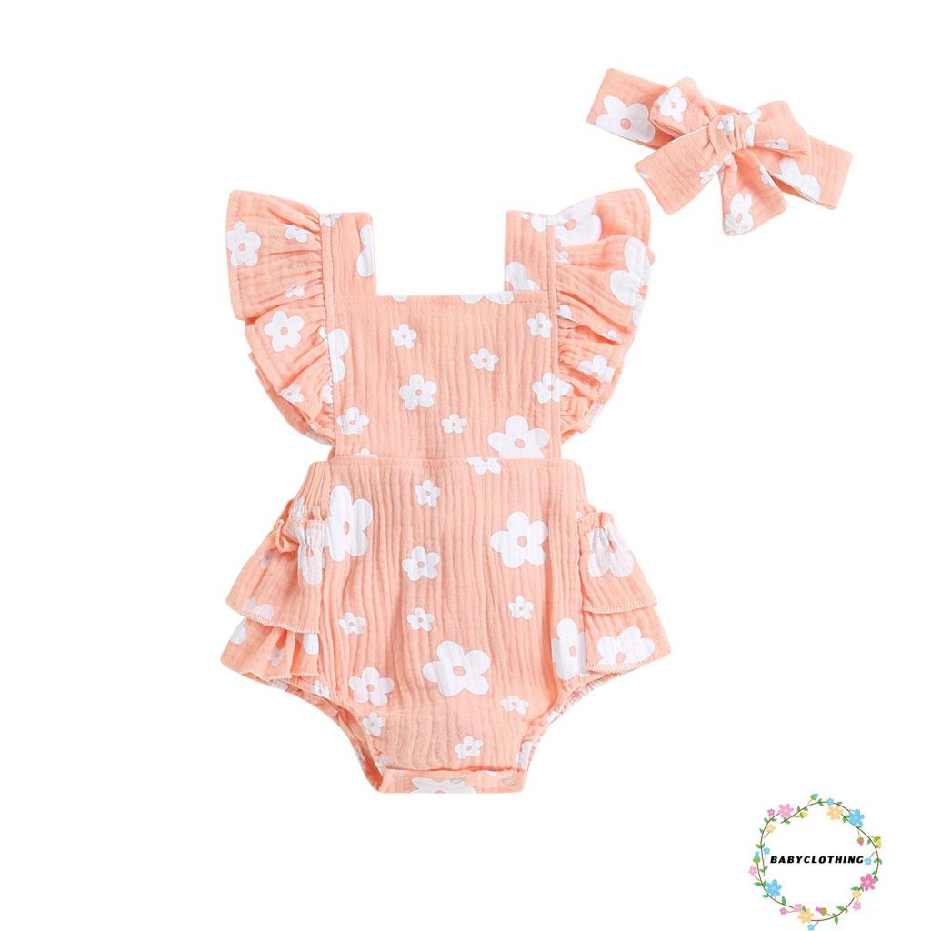 babyclothes-ชุดรอมเปอร์ลําลอง-พิมพ์ลายดอกไม้-พร้อมที่คาดผม-แฟชั่นฤดูร้อน-สําหรับเด็กผู้หญิง