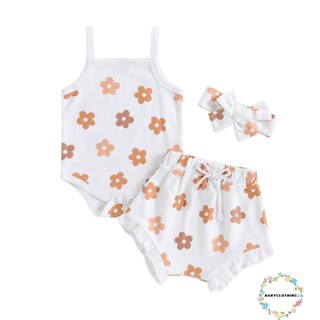 Babyclothes- ชุดรอมเปอร์ แขนกุด พิมพ์ลายดอกไม้ และกางเกงขาสั้น แต่งระบาย ที่คาดผม สําหรับเด็กผู้หญิง 3 ชิ้น