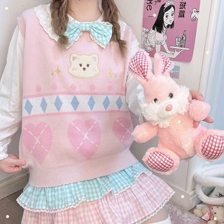 เสื้อกันหนาว 🧡🌴Hot sale！เสื้อกล้ามแขนกุดสไตล์ญี่ปุ่นหวานๆ สีตัดกัน ทรงหลวม คอกลม S-2XL