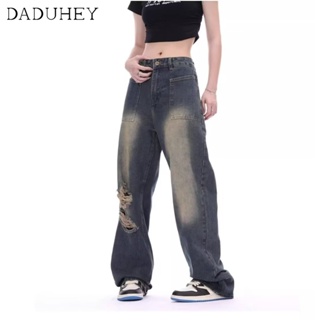 DaDuHey🎈 American Style High Street Ripped Jeans Women Fashion Straight-Leg Wide Leg Loose Casaul Mopping Ins Brand Pants