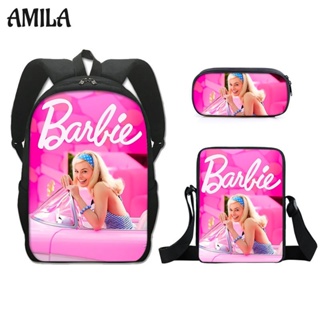 AMILA กระเป๋านักเรียนเจ้าหญิงบาร์บี้ เซต 3 ชิ้น barbie กระเป๋าใบเล็กโพลีเอสเตอร์ กระเป๋าเป้เด็กผู้หญิง
