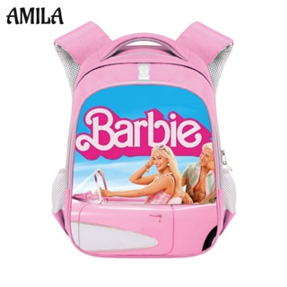 AMILA กระเป๋านักเรียนหญิงบาร์บี้สีชมพู barbie กระเป๋าเป้สะพายหลังโพลีเอสเตอร์ ความจุสูง มีแถบสะท้อนแสง ลดภาระ ป้องกันการลื่นไถลและการดูดซับแรงกระแทก
