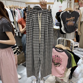 460# Vintage Plaid High Waist Lounge Pants Womens new Korean style high-waist drape slim straight-leg wide-leg pants