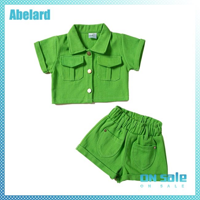 abelard-ชุดเสื้อเชิ้ตยีนแขนสั้น-คอปก-และกางเกงขาสั้น-แต่งกระดุมแถวเดียว-สีพื้น-สําหรับเด็กผู้หญิง-2-ชิ้น