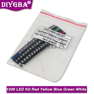 1206 SMD ชุดตัวอย่างไฟ LED สีแดง สีขาว สีเขียว สีฟ้า สีเหลือง 5 ค่า * 20 ชิ้น = 100 ชิ้น