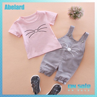 Abelard ชุดเสื้อยืด คอกลม แขนสั้น ลายแมว และกางเกงเอี๊ยม แฟชั่นฤดูร้อน สําหรับเด็กผู้หญิง อายุ 0-3 ปี 2 ชิ้น ต่อชุด