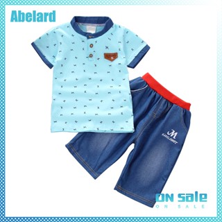 Abelard 2 ชิ้น / เซต ชุดเสื้อผ้าเด็กผู้ชาย เสื้อยืด พิมพ์ลายการ์ตูน + กางเกงยีนขาสั้น ชุดลําลอง