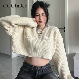 Cccindee ใหม่ เสื้อกันหนาวแขนยาว คอกลม เอวสูง ลายทาง สีตัดกัน แฟชั่นสําหรับสตรี 2023