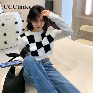 Cccindee ใหม่ เสื้อกันหนาวลําลอง แขนยาว คอกลม ทรงหลวม ลายสก๊อต สีตัดกัน แฟชั่นสําหรับสตรี 2023