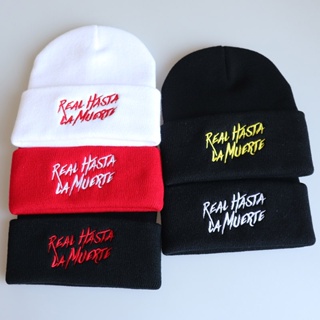 R/Omer เทรนด์ Real Hasta La Muerte ถักร้อยตัวอักษร หมวกถักไหมพรม หมวกทรงฮิปฮอปแบบฮิปฮอป