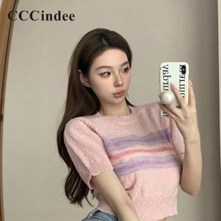 Cccindee ใหม่ เสื้อยืดลําลอง แขนสั้น คอกลม ลายทาง เข้ากับทุกการแต่งกาย แฟชั่นสําหรับสตรี 2023