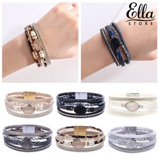 Ellastore123 กําไลข้อมือ หนังเทียม ประดับคริสตัล พลอยเทียม สี่ชั้น เครื่องประดับแฟชั่น สําหรับผู้หญิง