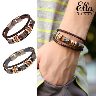 Ellastore123 สร้อยข้อมือ สายหนังถัก สามชั้น น้ําหนักเบา สไตล์วินเทจ สําหรับผู้ชาย