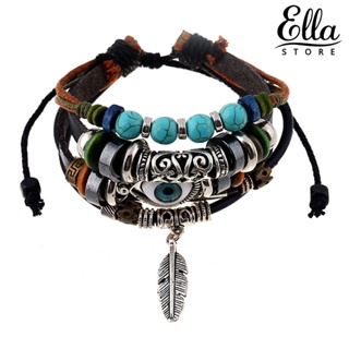 Ellastore123 สร้อยข้อมือ ประดับลูกปัดขนนก หลายชั้น สไตล์ชนเผ่า สีฟ้า เครื่องประดับ สําหรับผู้หญิง ผู้ชาย