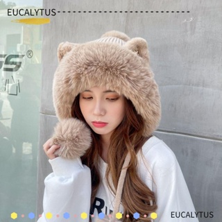 Eutus หมวกบีนนี่ ผ้ากํามะหยี่ขนนิ่ม แต่งหูแมว ให้ความอบอุ่น แฟชั่นฤดูหนาว สําหรับเล่นสกี