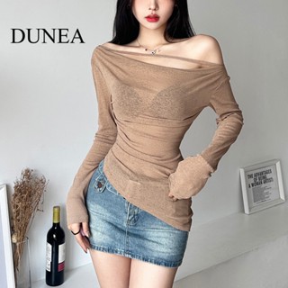 Dunea เสื้อยืด แขนยาว เปิดไหล่ข้างเดียว สีพื้น แฟชั่นสําหรับผู้หญิง