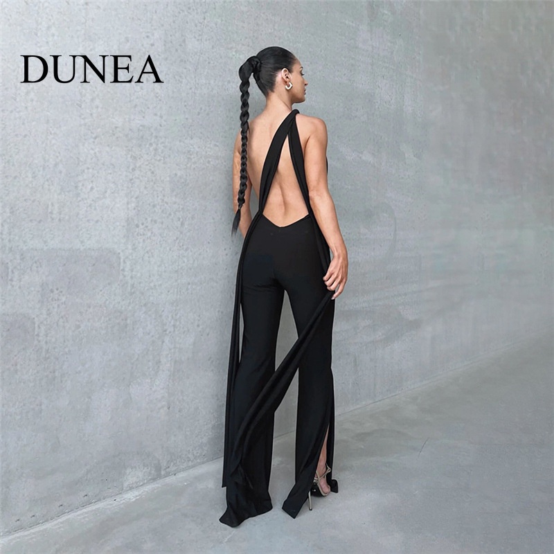 dunea-ชุดจั๊มสูทไมโคร-เปิดหลัง-สายคล้องคอ-ฉลุลาย-แฟชั่นสําหรับผู้หญิง