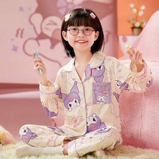 Girls pajamas long-sleeved pure cotton spring and autumn cartoon childrens home clothes lovely baby set of big children and little girls