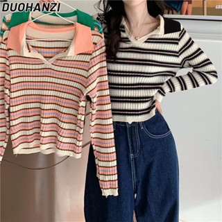 Duohanzi เสื้อยืดแขนยาว ผ้าถัก ลายทาง เข้ารูป เข้ากับทุกการแต่งกาย แฟชั่นสไตล์ต่างประเทศ สําหรับผู้หญิง