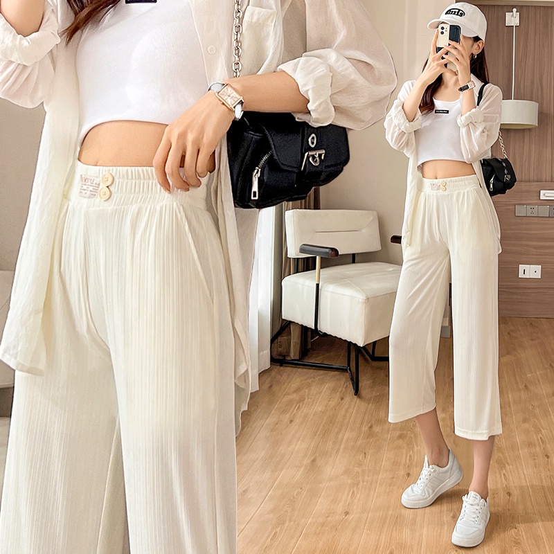 297-ice-silk-pleated-strip-casual-cropped-pants-womens-summer-thin-loose-sports-wide-leg-quick-drying-trousers