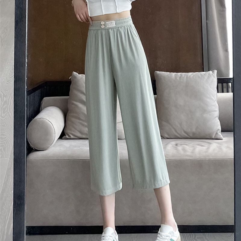 297-ice-silk-pleated-strip-casual-cropped-pants-womens-summer-thin-loose-sports-wide-leg-quick-drying-trousers