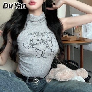Du Yan เสื้อกั๊กแขนกุด คอสูง พิมพ์ลายลูกสุนัข สีเทา แฟชั่นฤดูร้อน สําหรับผู้หญิง