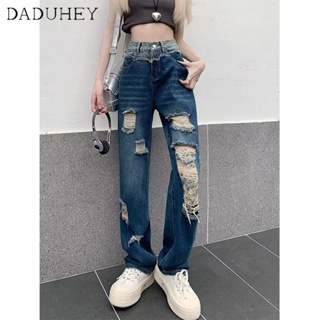 DaDuHey🎈 Womens New American-Style Wide Leg Loose Retro Jeans High Waist Straight Fashion Hole Mop Long Pants