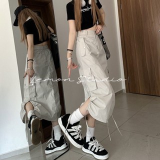 Lemon studio กระโปรงลําลอง ทรงเอ แบบผูกเชือก ทรงหลวม สไตล์อเมริกันเรโทร สําหรับผู้หญิง 2023 LHE0253