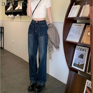 DaDuHey🎈 American Style Retro Large Pocket Casual Blue Jeans Womens Style Straight-Leg Pants Loose High Waist Pants