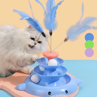 พร้อมส่ง😸ของเล่นแมว 3ชั้น หมุนของเล่นกับลูกบอล แถมขนไก่ สีสว่าง