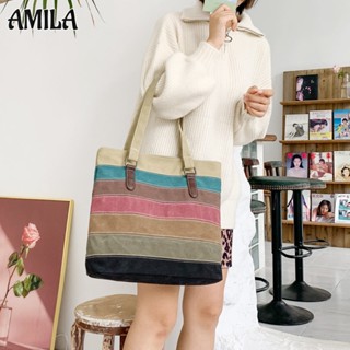 AMILA กระเป๋าโท้ทสตรีเย็บแฟชั่นย้อนยุค กระเป๋าผ้าแคนวาสเรียบง่ายสไตล์ลำลอง ความจุสูง หลายช่อง