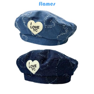 Fl หมวกเบเร่ต์ ผ้ายีน รูปหัวใจน่ารัก สไตล์วินเทจ สําหรับเด็กผู้หญิง