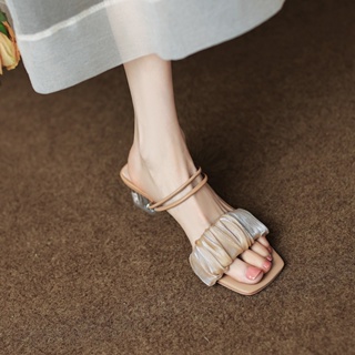 รองเท้าแตะ ส้นหนา ผ้าตาข่าย ประดับคริสตัล เข้ากับทุกการแต่งกาย แฟชั่นฤดูร้อน สไตล์ฝรั่งเศส สําหรับผู้หญิง 2023