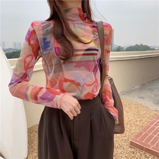 เสื้อยืดแขนยาว คอสูง ผ้าโปร่ง สีชมพู แฟชั่นฤดูใบไม้ร่วง และฤดูหนาว สไตล์เกาหลี สําหรับผู้หญิง