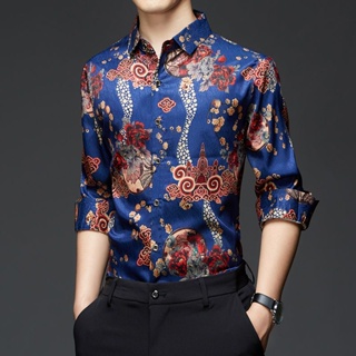 Spot high-quality] printed shirt mens middle-aged handsome autumn new long-sleeved shirt trend broken Korean version of ethnic style loose shirt boys clothes