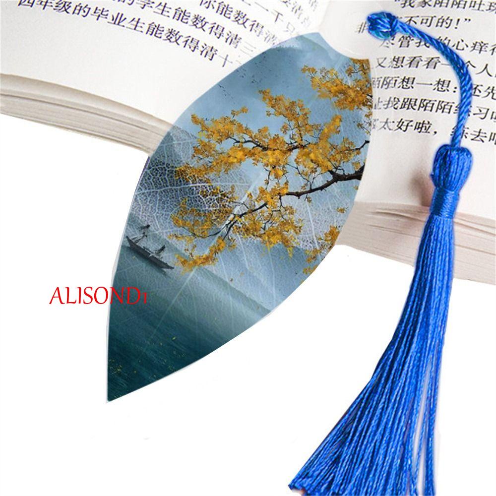 alisond1-ที่คั่นหนังสือ-ที่คั่นหนังสือ-ประดับพู่-ลายใบไม้-สไตล์จีน-สร้างสรรค์-สําหรับสํานักงาน-นักเรียน