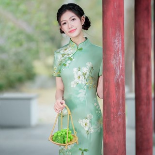 ชุดเดรสกี่เพ้า แขนสั้น ลายดอกไม้ สีเขียว พลัสไซซ์ สไตล์วินเทจ พอดีตัว สําหรับผู้หญิง ใส่ไปงานปาร์ตี้ ไซซ์ S ถึง 3XL